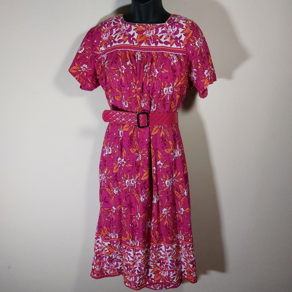 Vintage hot pink, orange and white midi house dress size 1X
